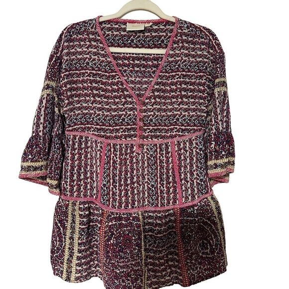 Maeve Anthropologie Women’s Size SP Lilyana Tiered Boho Tunic Blouse Top Silk - Picture 1 of 13